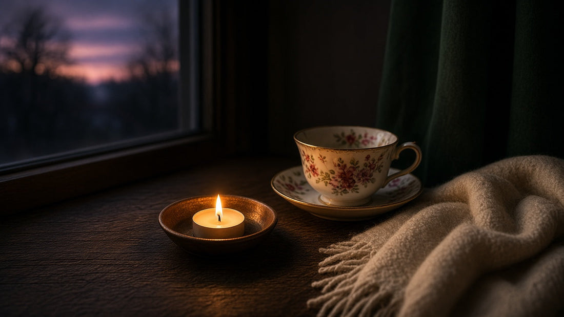 A tealight glowing in a copper dish beside a china teacup and a cream wool throw at twilight