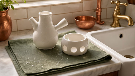 Ye Olde Bells ceramic steamer vessel and warmer base drying on a green tea towel beside a butler sink