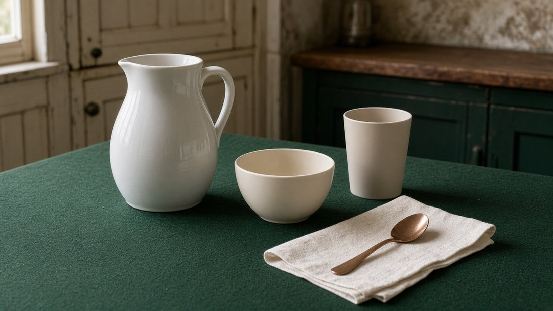 White ceramic jug and bowl beside a pale plastic cup on a green baize table