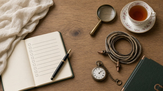 Checklist notebook, fountain pen, magnifying glass and pocket watch on an oak table