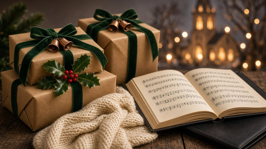 Christmas gifts in kraft paper with green velvet ribbon, holly, a carol book and a choir folder