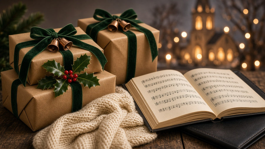 Christmas gifts in kraft paper with green velvet ribbon, holly, a carol book and a choir folder