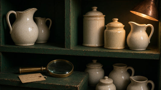 Antique shop shelf of Victorian glazed earthenware jugs and jars with a magnifying glass