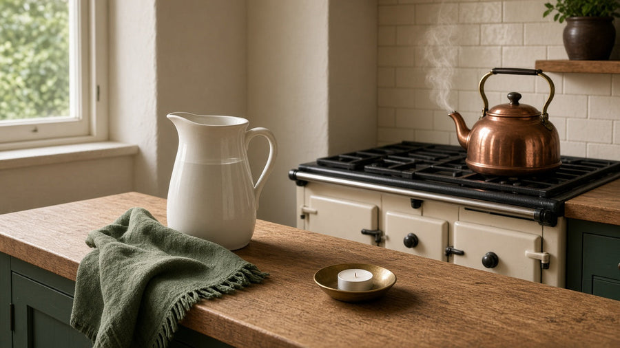 Copper kettle steaming on a cream range beside a white water jug and an unlit tealight