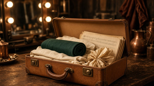 Vintage leather suitcase packed with linen, a green scarf and sheet music in a dressing room