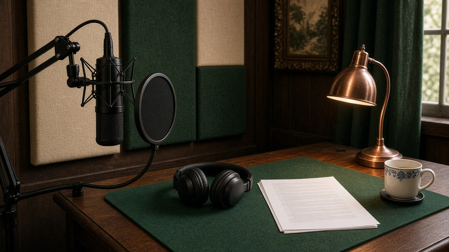 Home recording nook with a microphone, headphones, a script and a copper lamp