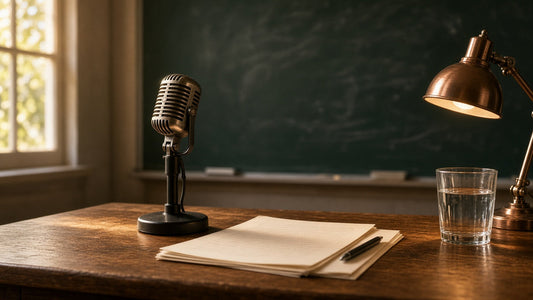 Desk with a vintage microphone, lesson notes, a glass of water and a copper lamp before a green chalkboard