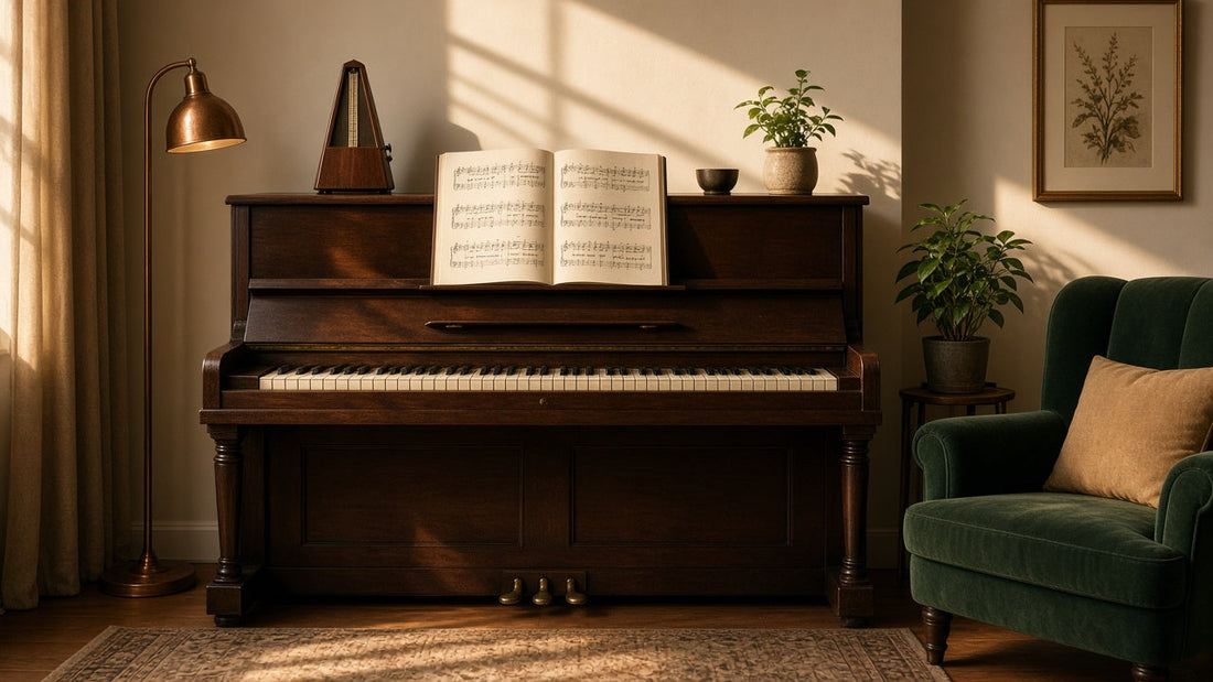 Warm rehearsal room with an upright piano, open sheet music, a metronome and a forest-green armchair