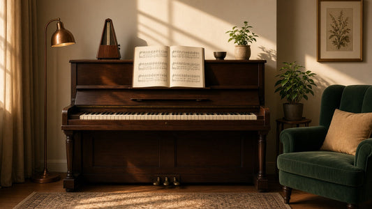 Warm rehearsal room with an upright piano, open sheet music, a metronome and a forest-green armchair