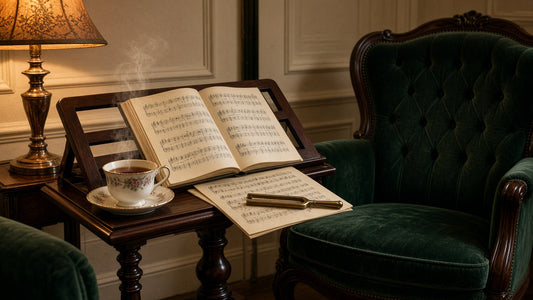 Victorian music room with sheet music on a stand, a steaming teacup and a tuning fork