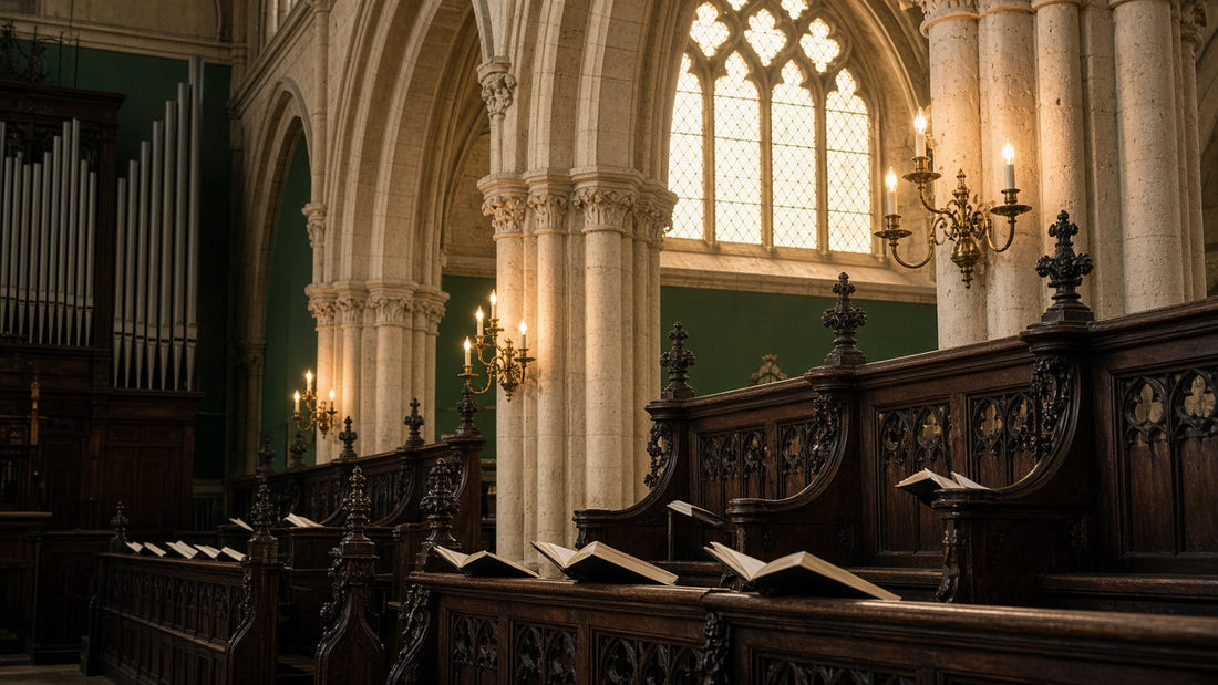 Candlelit oak choir stalls with open music books in an old English parish church