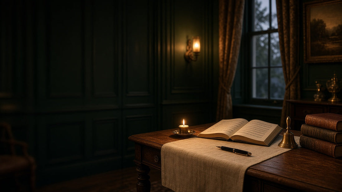 Candlelit Victorian-style study with forest-green panelling and sheet music