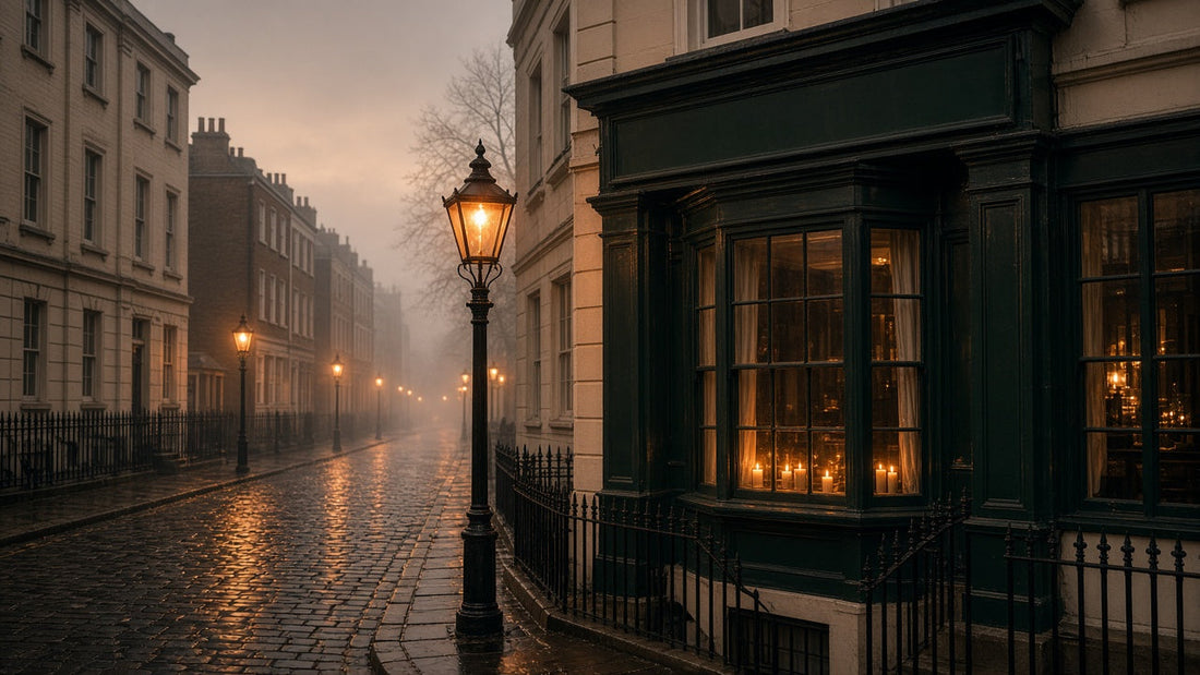 Foggy cobbled London street at dusk with glowing gas lamps