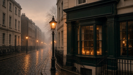 Foggy cobbled London street at dusk with glowing gas lamps
