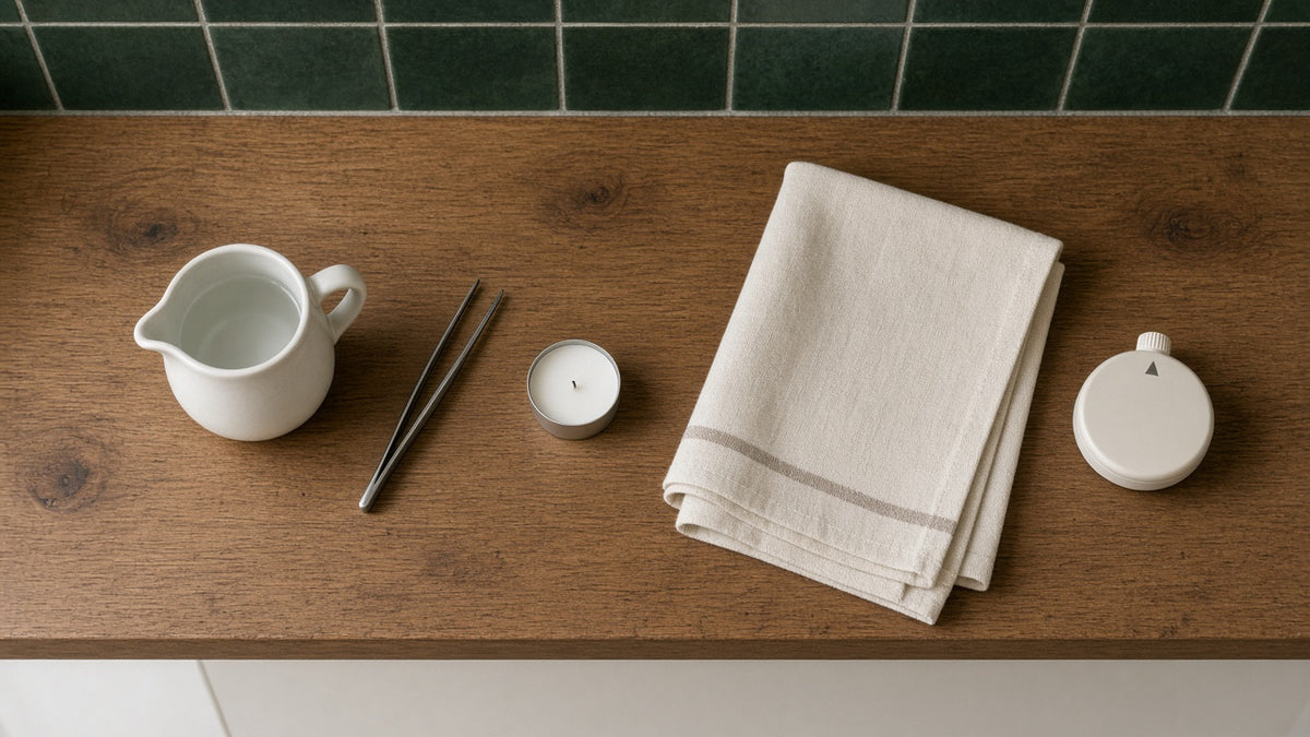 Preparation tray with a jug of plain water, tweezers, a tealight, a folded tea towel and a timer