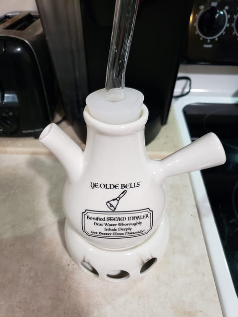 Customer photo: the assembled ceramic vocal steamer on a kitchen counter