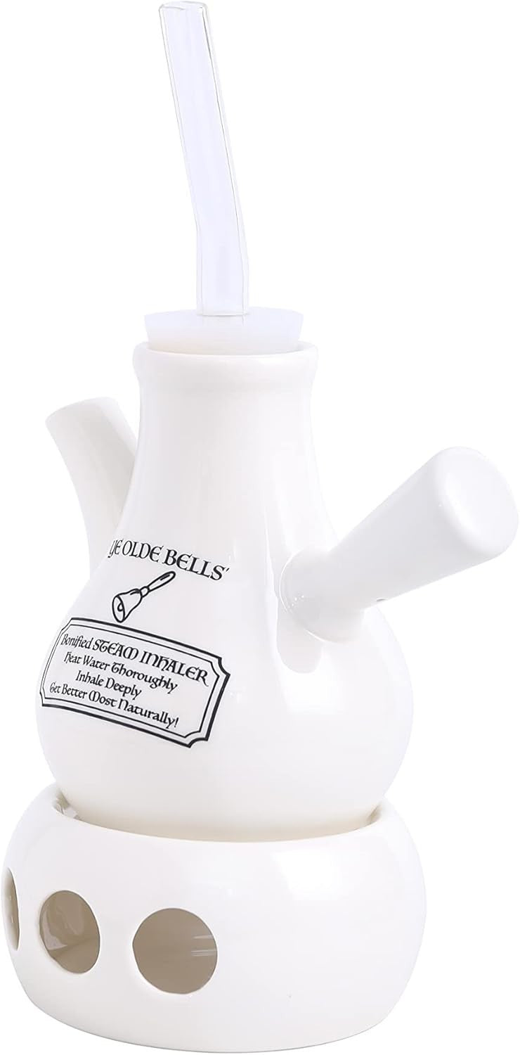 Front view of the Ye Olde Bells ceramic steam inhaler with glass mouthpiece on its non-electric candle-warmer base