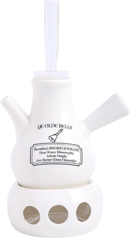 Side view of the Victorian-style ceramic vocal steamer and its vented tealight warmer base